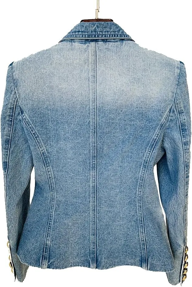 Women's Denim Blazer with Peak Lapel Collar and Double Breasted Button Closure, Light Blue