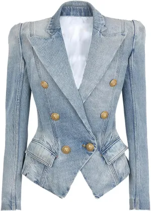 Women's Denim Blazer with Peak Lapel Collar and Double Breasted Button Closure, Light Blue