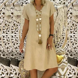 Womens Dresses Summer Casual Midi Dress V Neck Short Sleeve Dress Solid Color Plus Size Flowy Linen Cotton Sundress