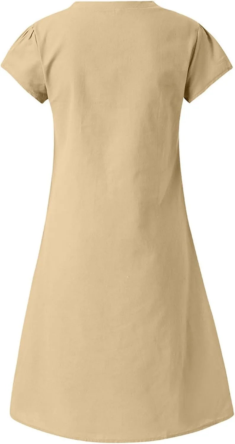 Womens Dresses Summer Casual Midi Dress V Neck Short Sleeve Dress Solid Color Plus Size Flowy Linen Cotton Sundress