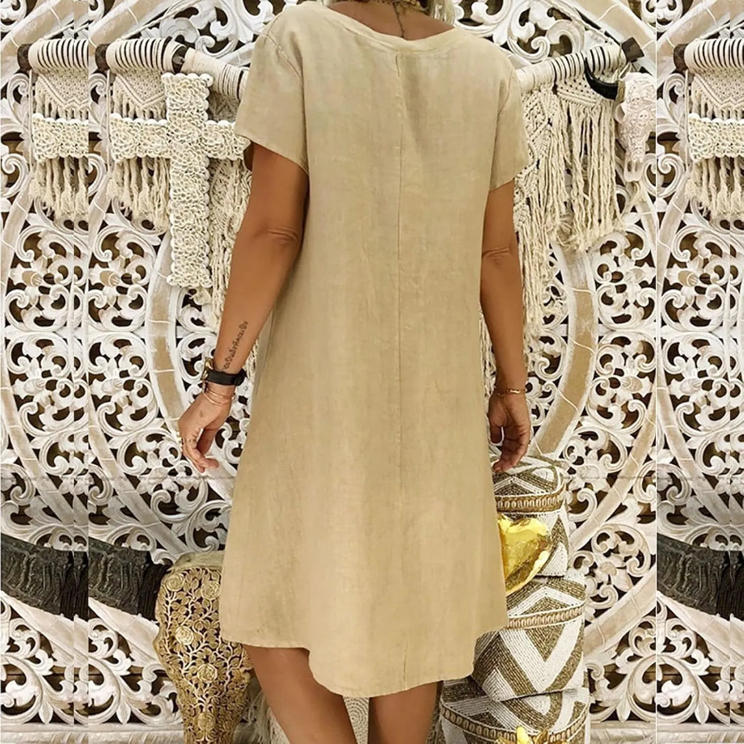 Womens Dresses Summer Casual Midi Dress V Neck Short Sleeve Dress Solid Color Plus Size Flowy Linen Cotton Sundress