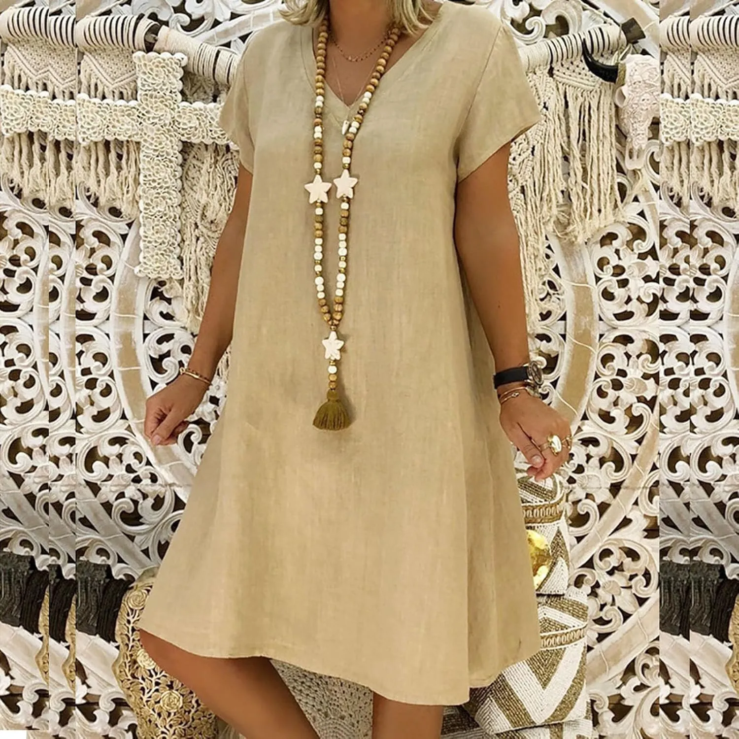 Womens Dresses Summer Casual Midi Dress V Neck Short Sleeve Dress Solid Color Plus Size Flowy Linen Cotton Sundress