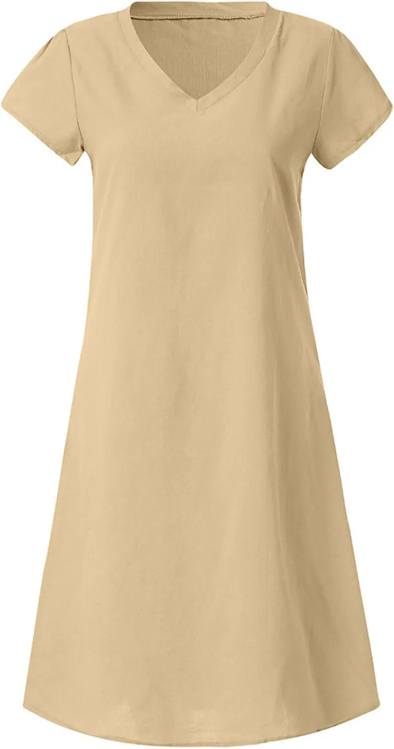 Womens Dresses Summer Casual Midi Dress V Neck Short Sleeve Dress Solid Color Plus Size Flowy Linen Cotton Sundress