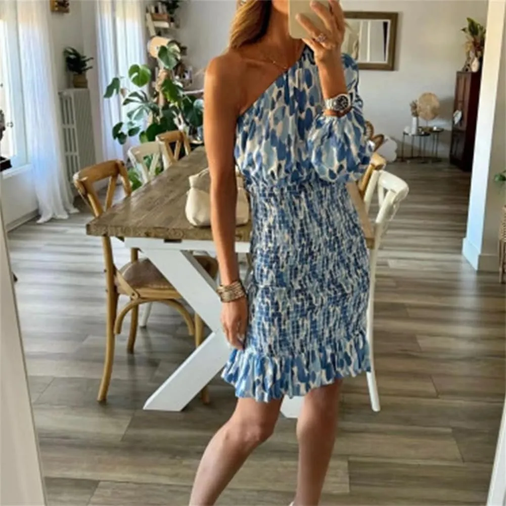 Womens Floral Print Party Dress Skew Collar Pleated Ruffle Mini Dress One Shoulder Bodycon Dress