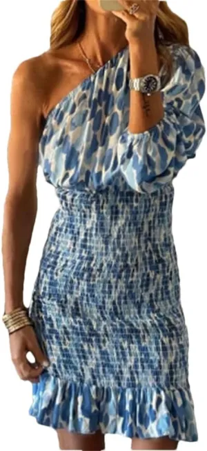 Womens Floral Print Party Dress Skew Collar Pleated Ruffle Mini Dress One Shoulder Bodycon Dress