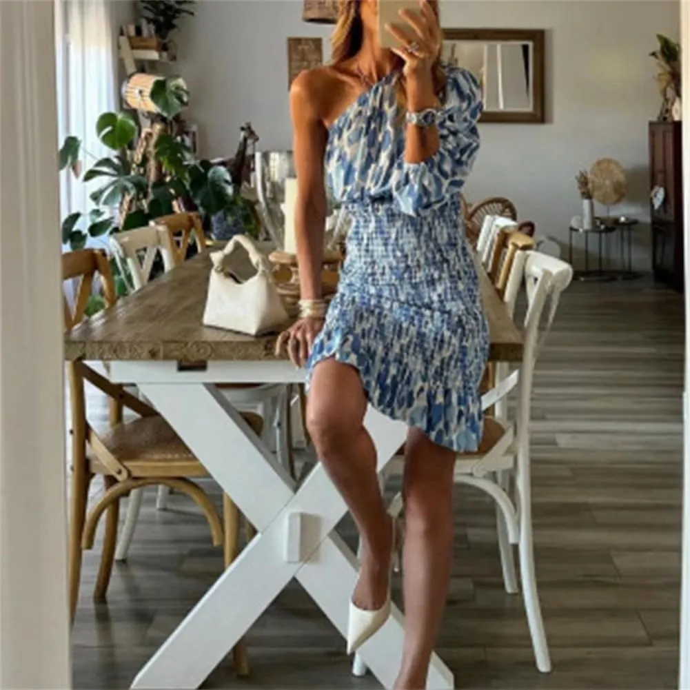 Womens Floral Print Party Dress Skew Collar Pleated Ruffle Mini Dress One Shoulder Bodycon Dress