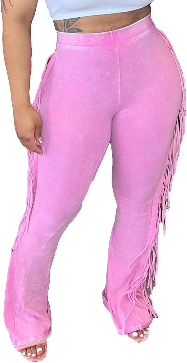 Women's Fringe Jogger Pants Bodycon Tassel Yoga Pant Sweatpant High Waist Long Trousers