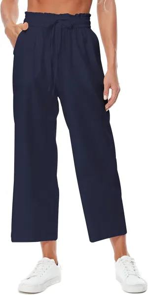Womens Linen Pants Wide Leg High Waisted Drawstring Casual Flowy Pants with Pockets