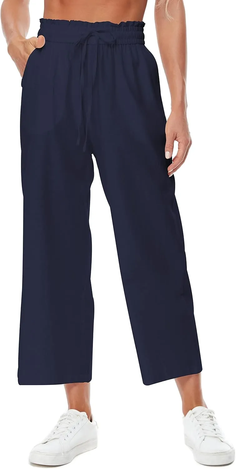 Womens Linen Pants Wide Leg High Waisted Drawstring Casual Flowy Pants with Pockets