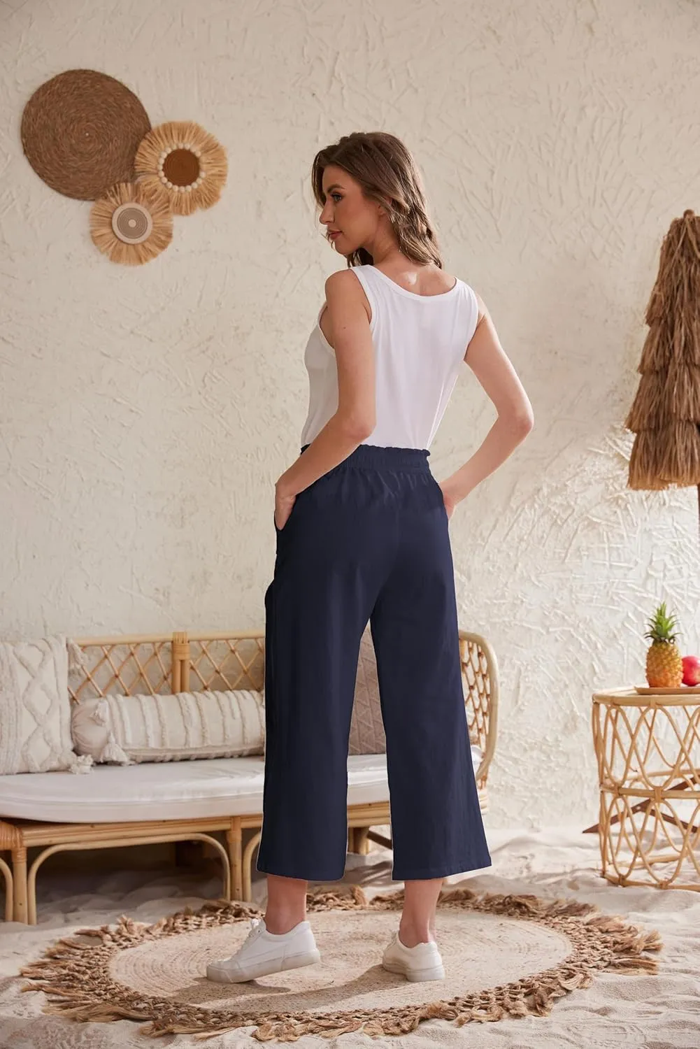 Womens Linen Pants Wide Leg High Waisted Drawstring Casual Flowy Pants with Pockets