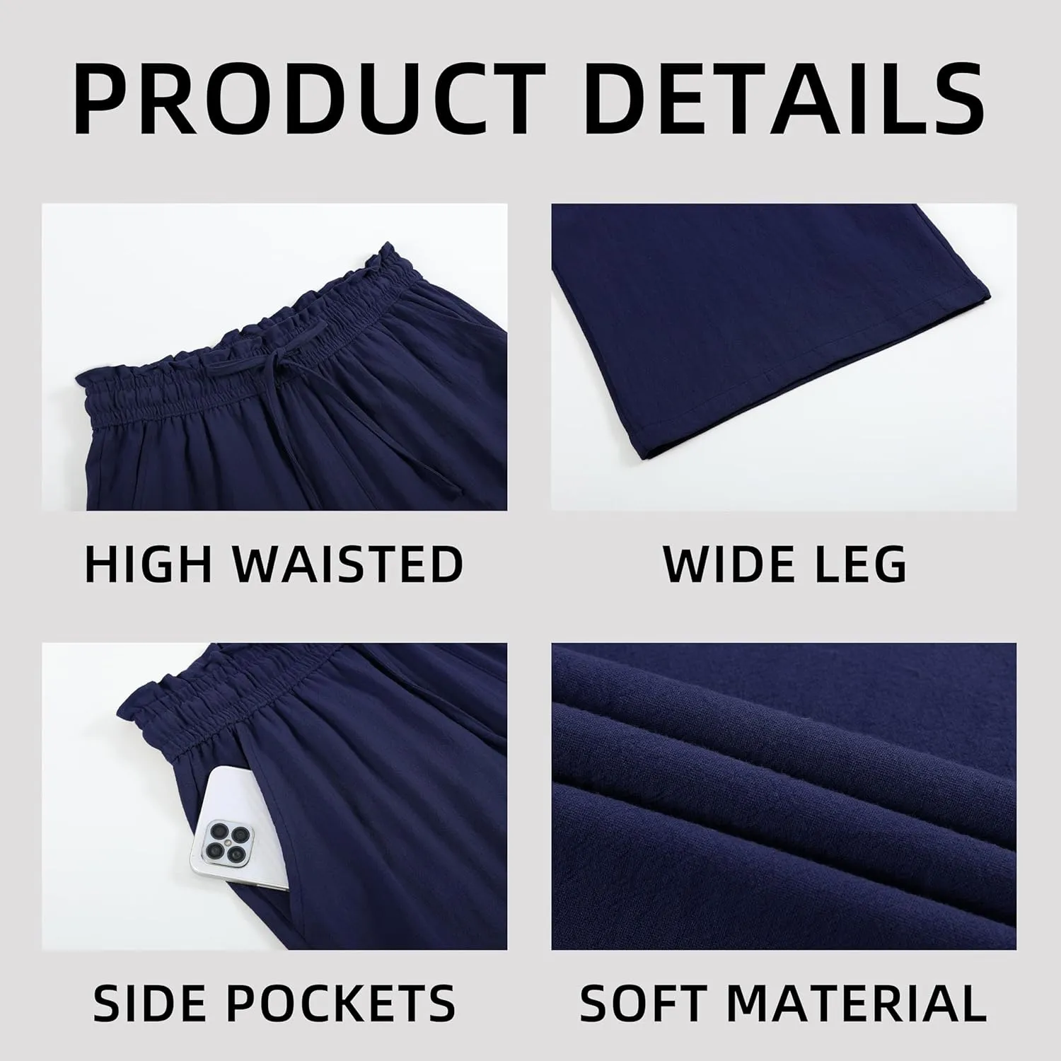 Womens Linen Pants Wide Leg High Waisted Drawstring Casual Flowy Pants with Pockets