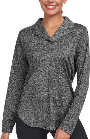 Women's Long Sleeve V Neck Golf Polo Shirt Lapel Collar Tennis Workout Sports Top
