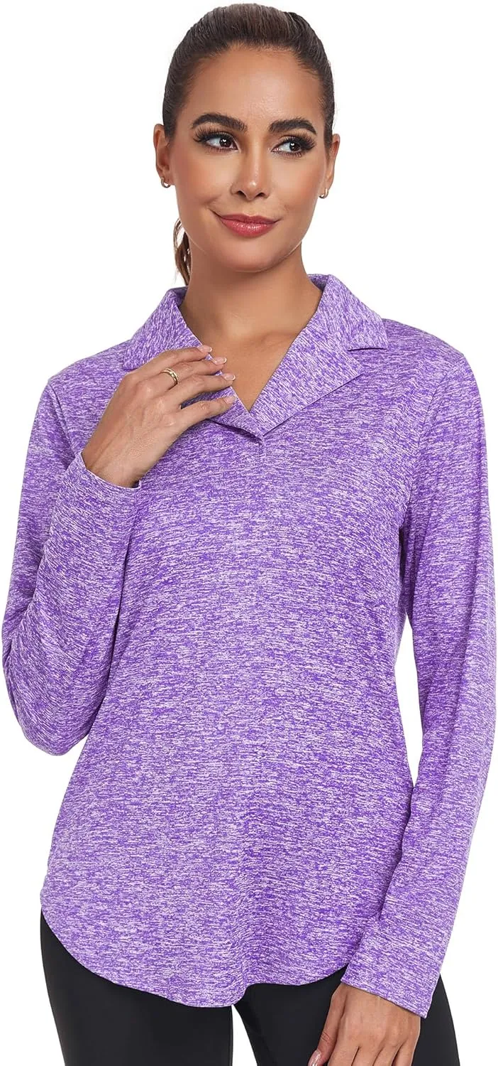 Women's Long Sleeve V Neck Golf Polo Shirt Lapel Collar Tennis Workout Sports Top