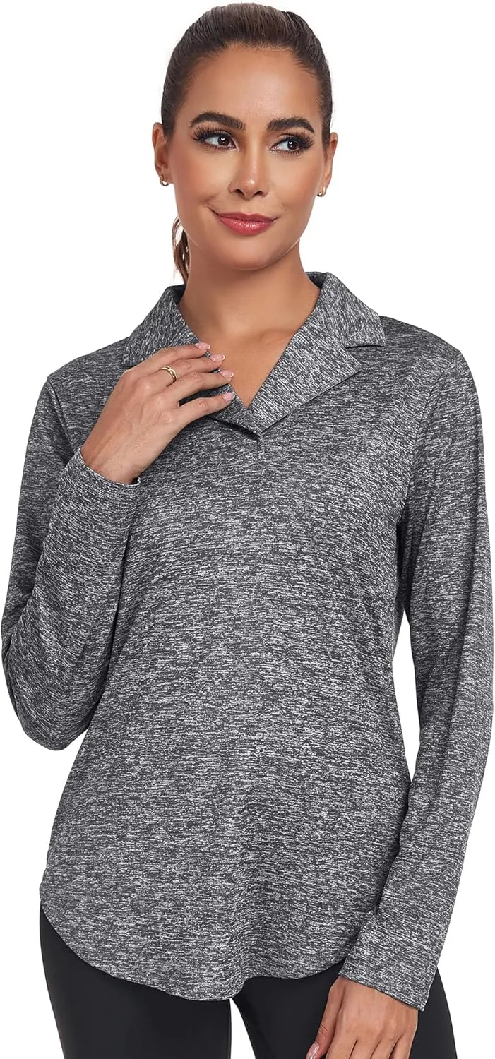 Women's Long Sleeve V Neck Golf Polo Shirt Lapel Collar Tennis Workout Sports Top