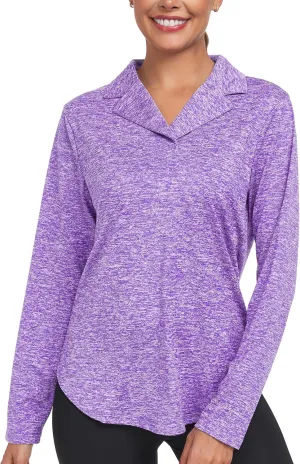 Women's Long Sleeve V Neck Golf Polo Shirt Lapel Collar Tennis Workout Sports Top