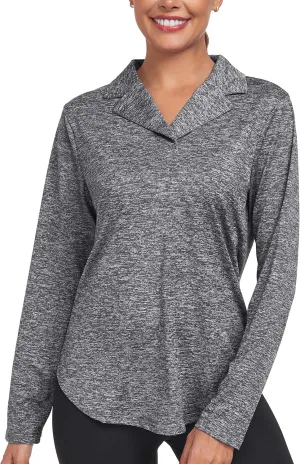 Women's Long Sleeve V Neck Golf Polo Shirt Lapel Collar Tennis Workout Sports Top