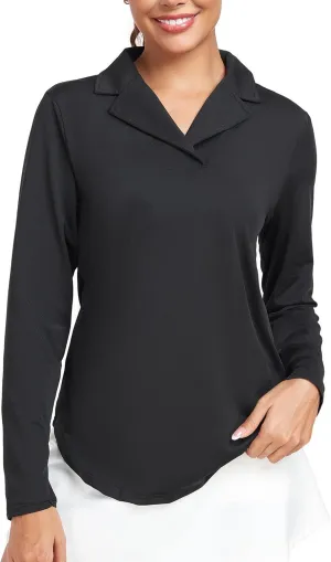 Women's Long Sleeve V Neck Golf Polo Shirt Lapel Collar Tennis Workout Sports Top