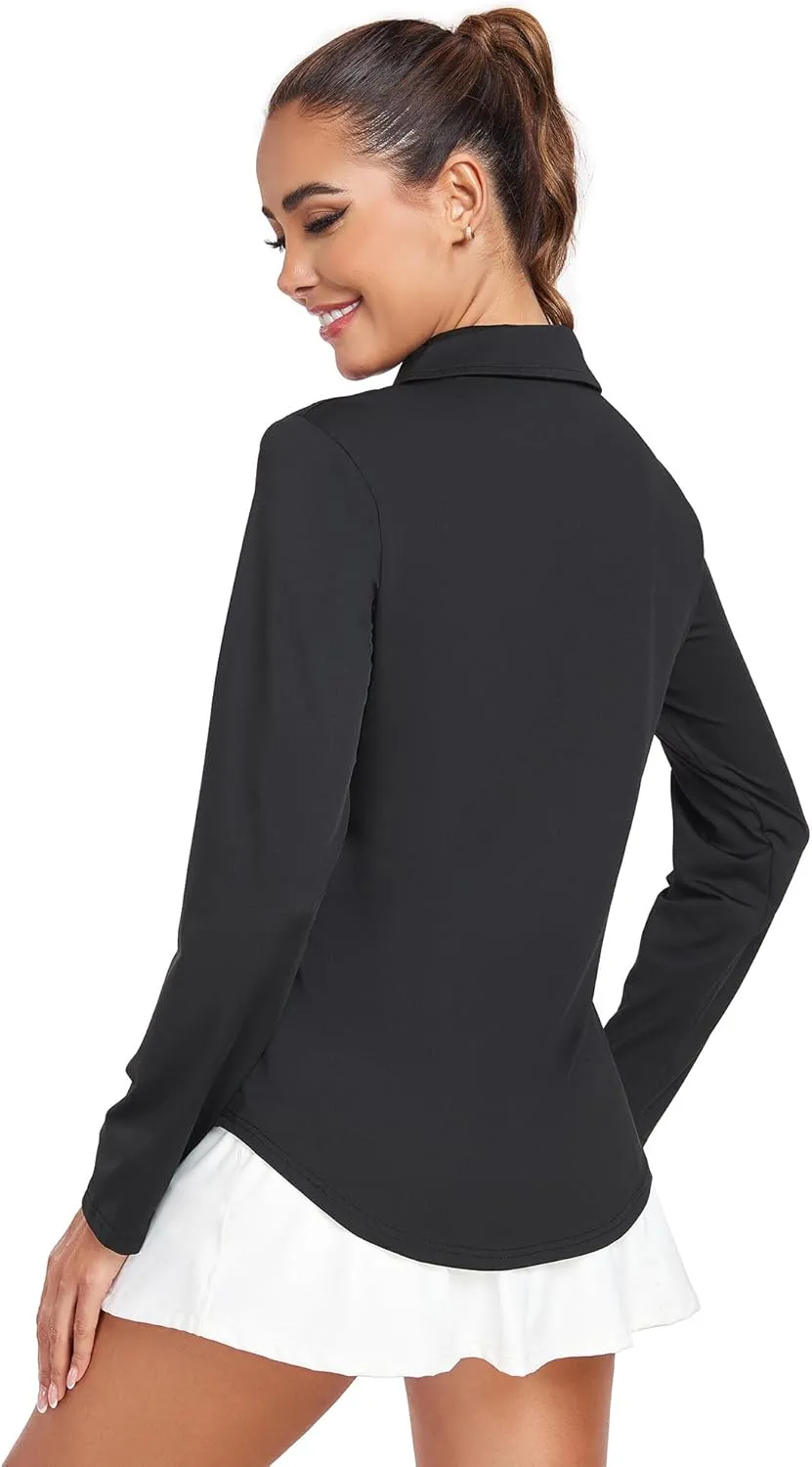 Women's Long Sleeve V Neck Golf Polo Shirt Lapel Collar Tennis Workout Sports Top