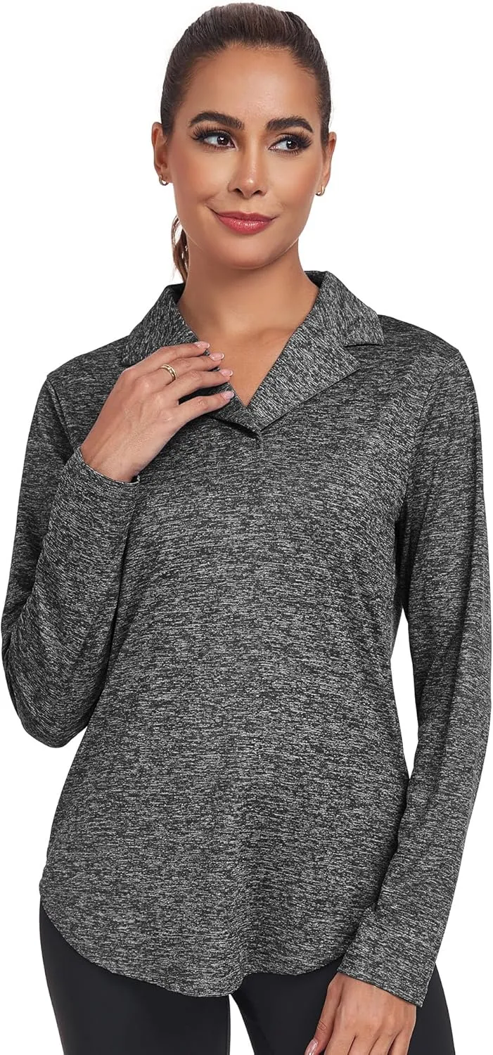 Women's Long Sleeve V Neck Golf Polo Shirt Lapel Collar Tennis Workout Sports Top