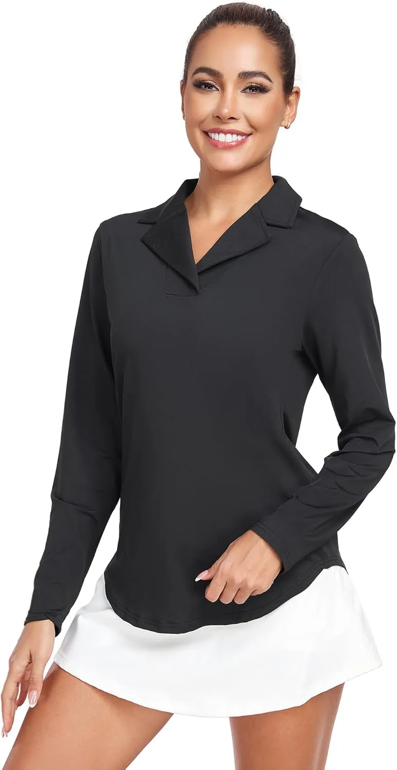 Women's Long Sleeve V Neck Golf Polo Shirt Lapel Collar Tennis Workout Sports Top