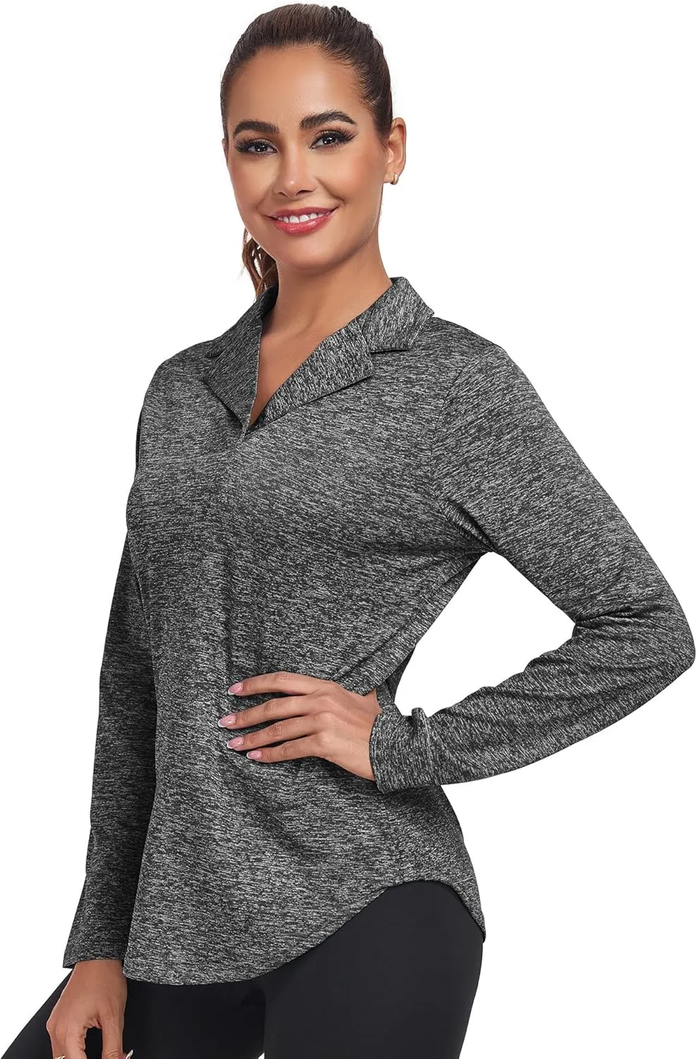 Women's Long Sleeve V Neck Golf Polo Shirt Lapel Collar Tennis Workout Sports Top
