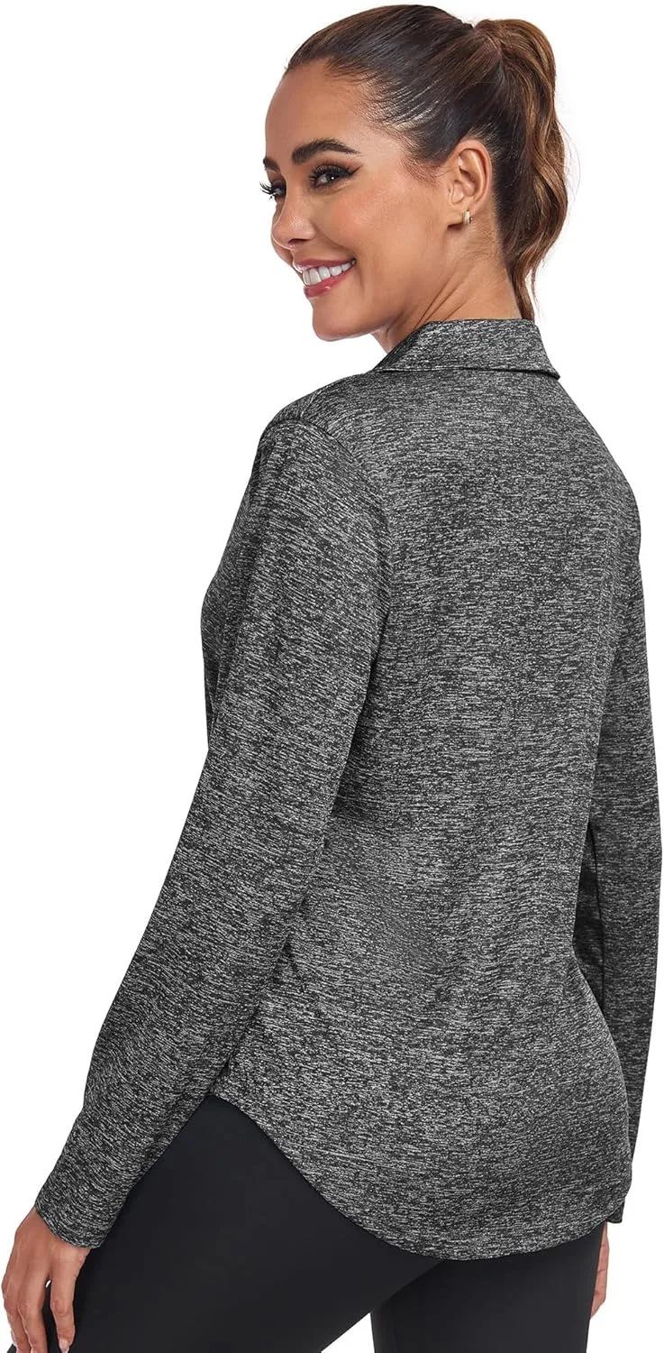 Women's Long Sleeve V Neck Golf Polo Shirt Lapel Collar Tennis Workout Sports Top