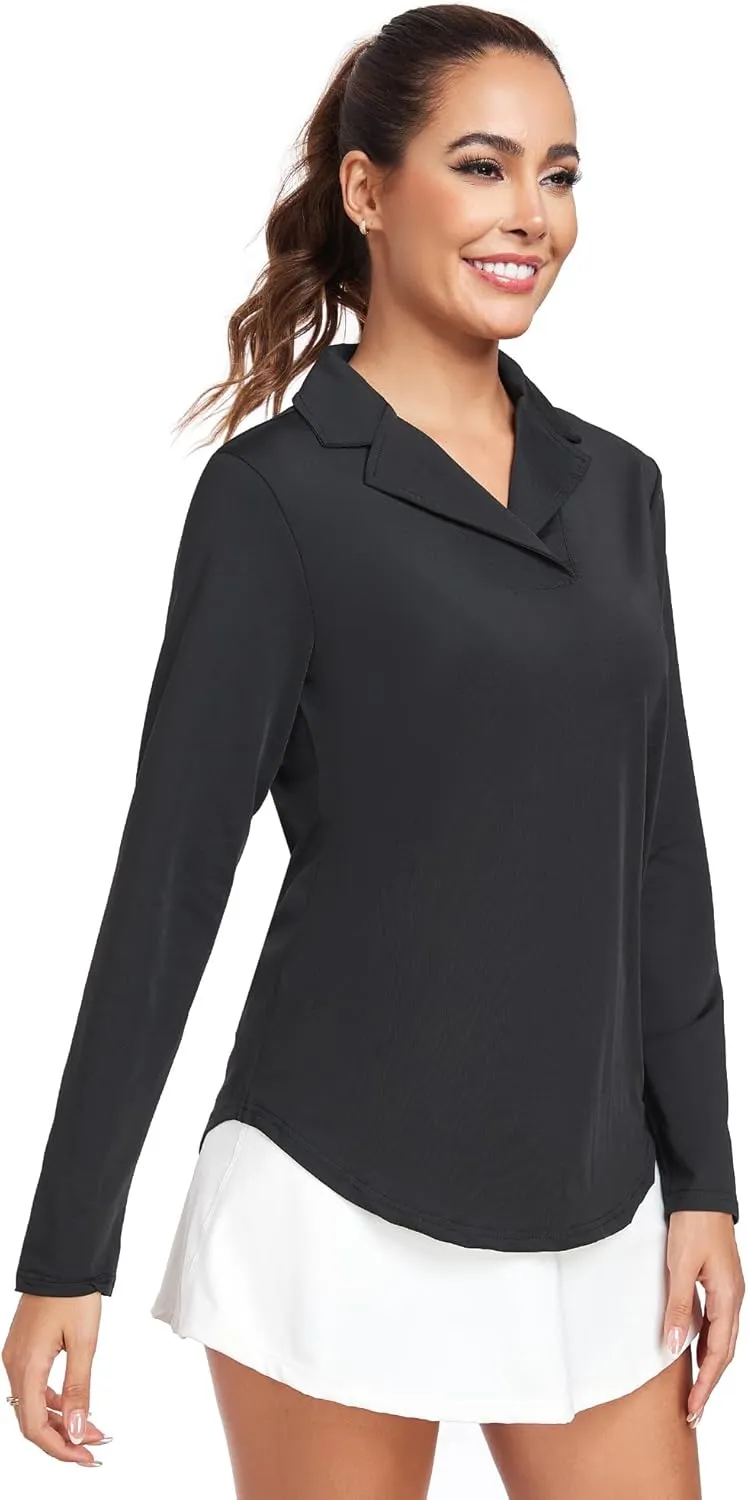 Women's Long Sleeve V Neck Golf Polo Shirt Lapel Collar Tennis Workout Sports Top