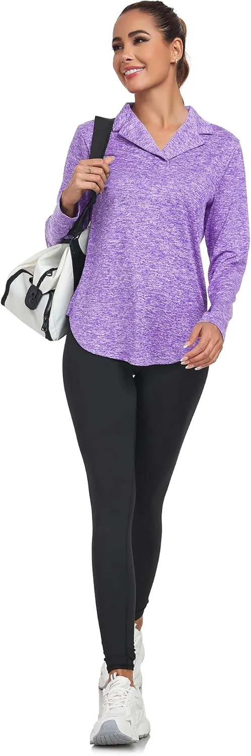 Women's Long Sleeve V Neck Golf Polo Shirt Lapel Collar Tennis Workout Sports Top