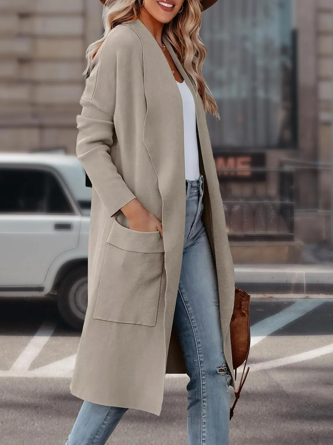 Women's Open Front Knited Loose Cardigan Casual Long Sleeve Draped Knit Pockets Long Jackets Sweater