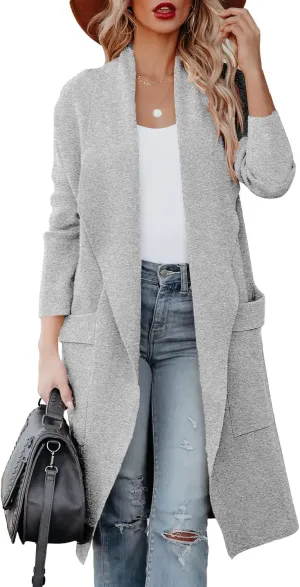 Women's Open Front Knited Loose Cardigan Casual Long Sleeve Draped Knit Pockets Long Jackets Sweater