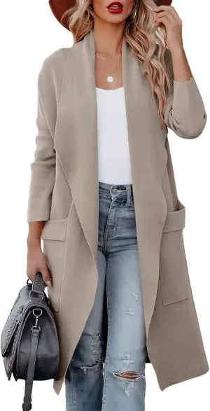 Women's Open Front Knited Loose Cardigan Casual Long Sleeve Draped Knit Pockets Long Jackets Sweater