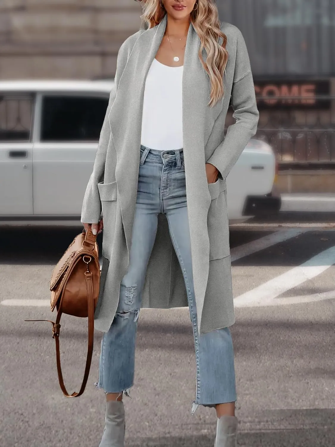 Women's Open Front Knited Loose Cardigan Casual Long Sleeve Draped Knit Pockets Long Jackets Sweater