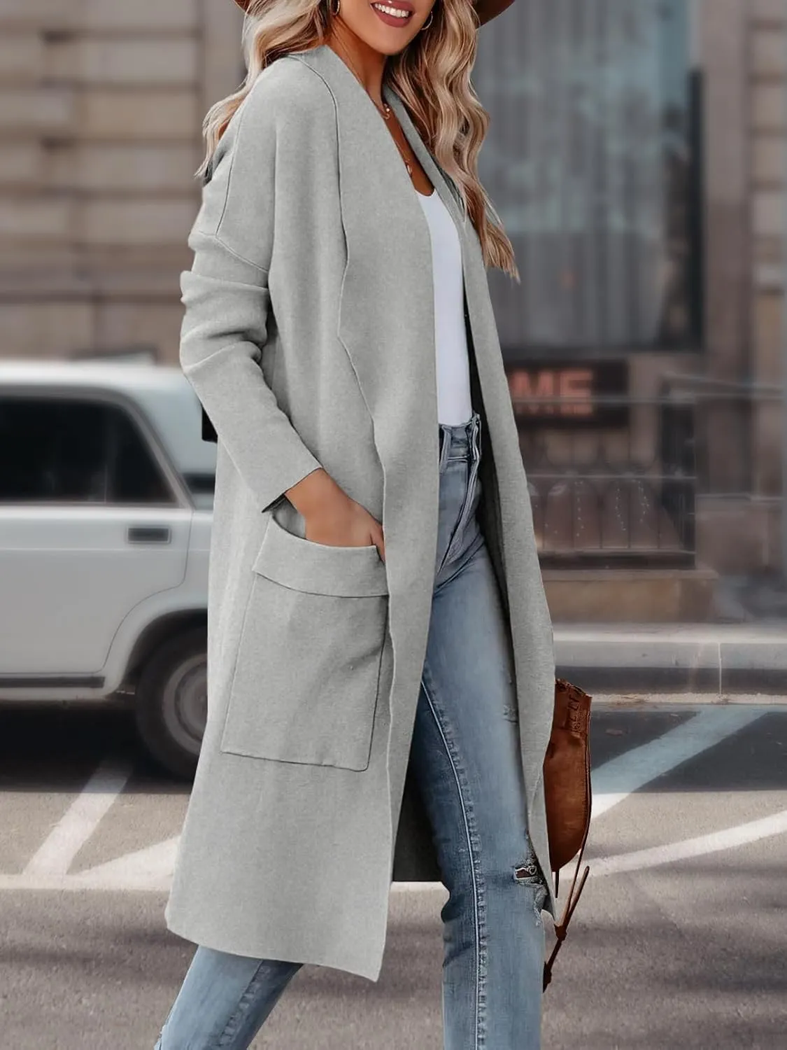 Women's Open Front Knited Loose Cardigan Casual Long Sleeve Draped Knit Pockets Long Jackets Sweater