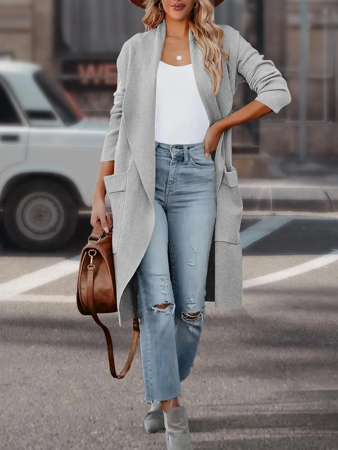 Women's Open Front Knited Loose Cardigan Casual Long Sleeve Draped Knit Pockets Long Jackets Sweater