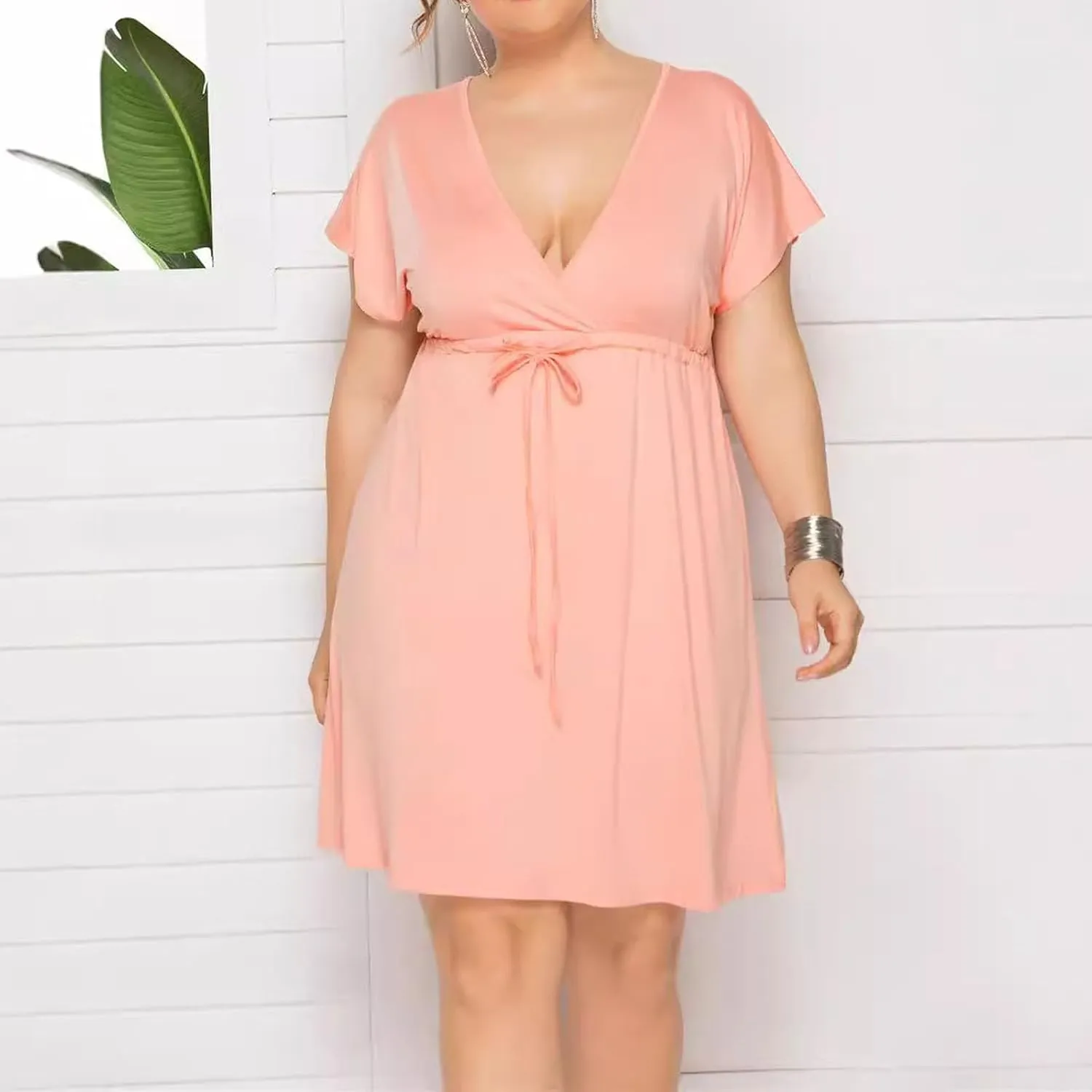 Womens Plus Size Wrap V Neck Dress Short Sleeve A-Line Midi Casual Dresses Tie Waist Loose Flowy Summer Dress