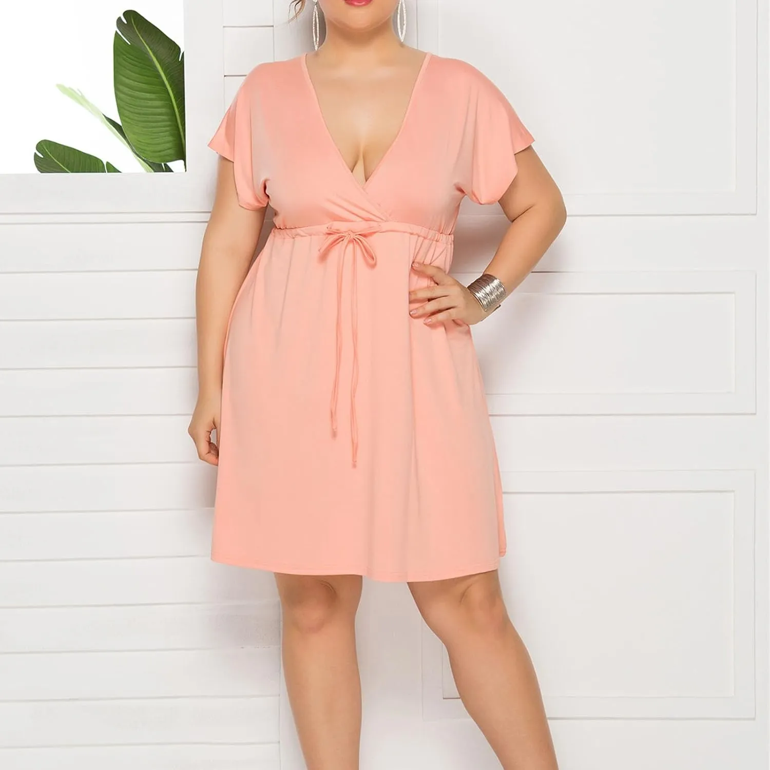 Womens Plus Size Wrap V Neck Dress Short Sleeve A-Line Midi Casual Dresses Tie Waist Loose Flowy Summer Dress