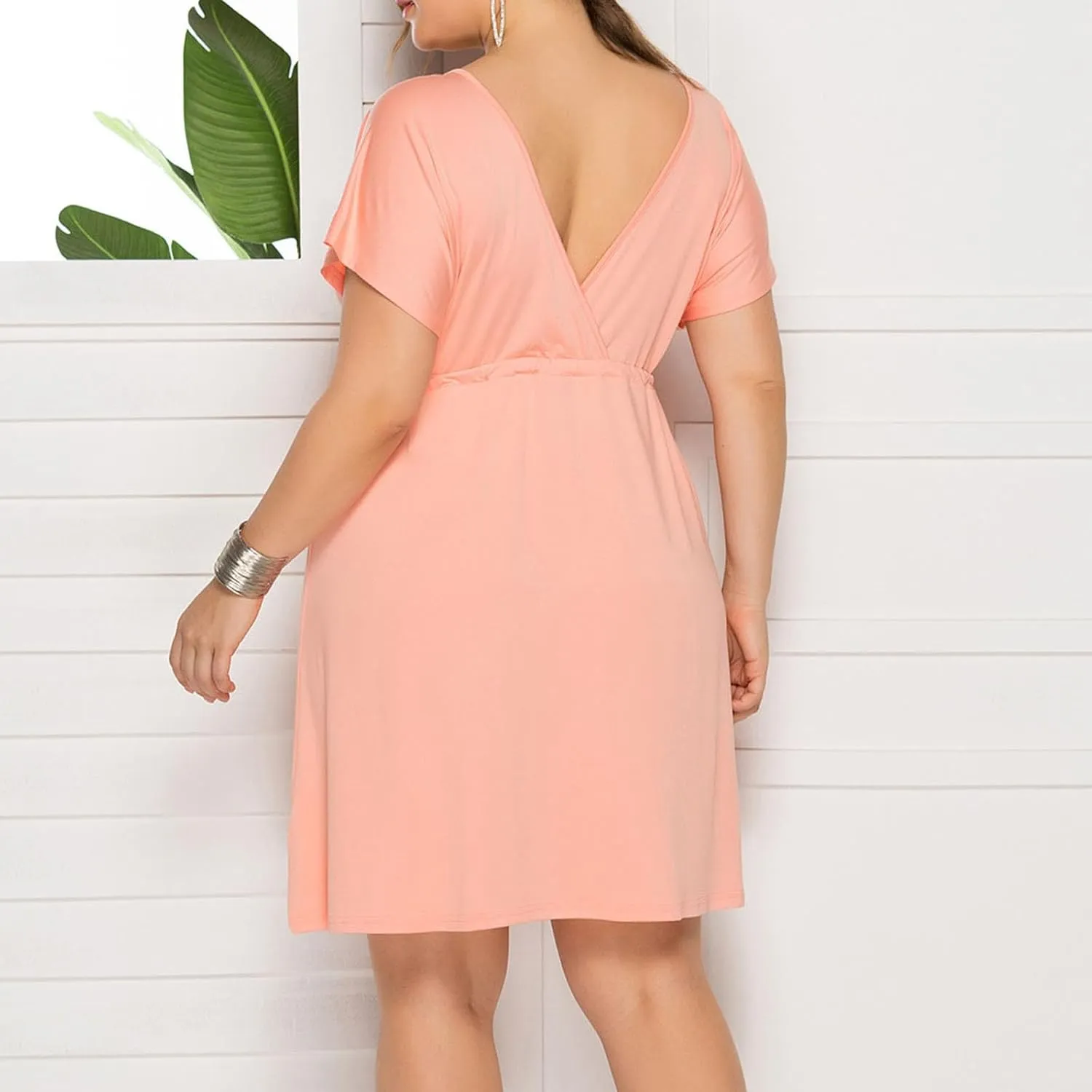 Womens Plus Size Wrap V Neck Dress Short Sleeve A-Line Midi Casual Dresses Tie Waist Loose Flowy Summer Dress