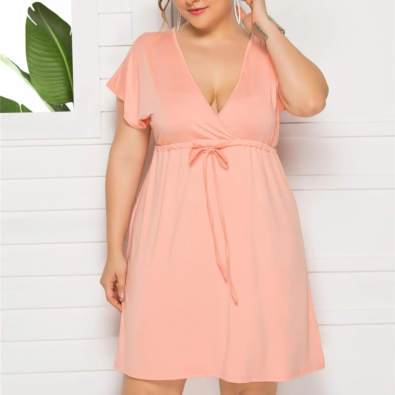 Womens Plus Size Wrap V Neck Dress Short Sleeve A-Line Midi Casual Dresses Tie Waist Loose Flowy Summer Dress
