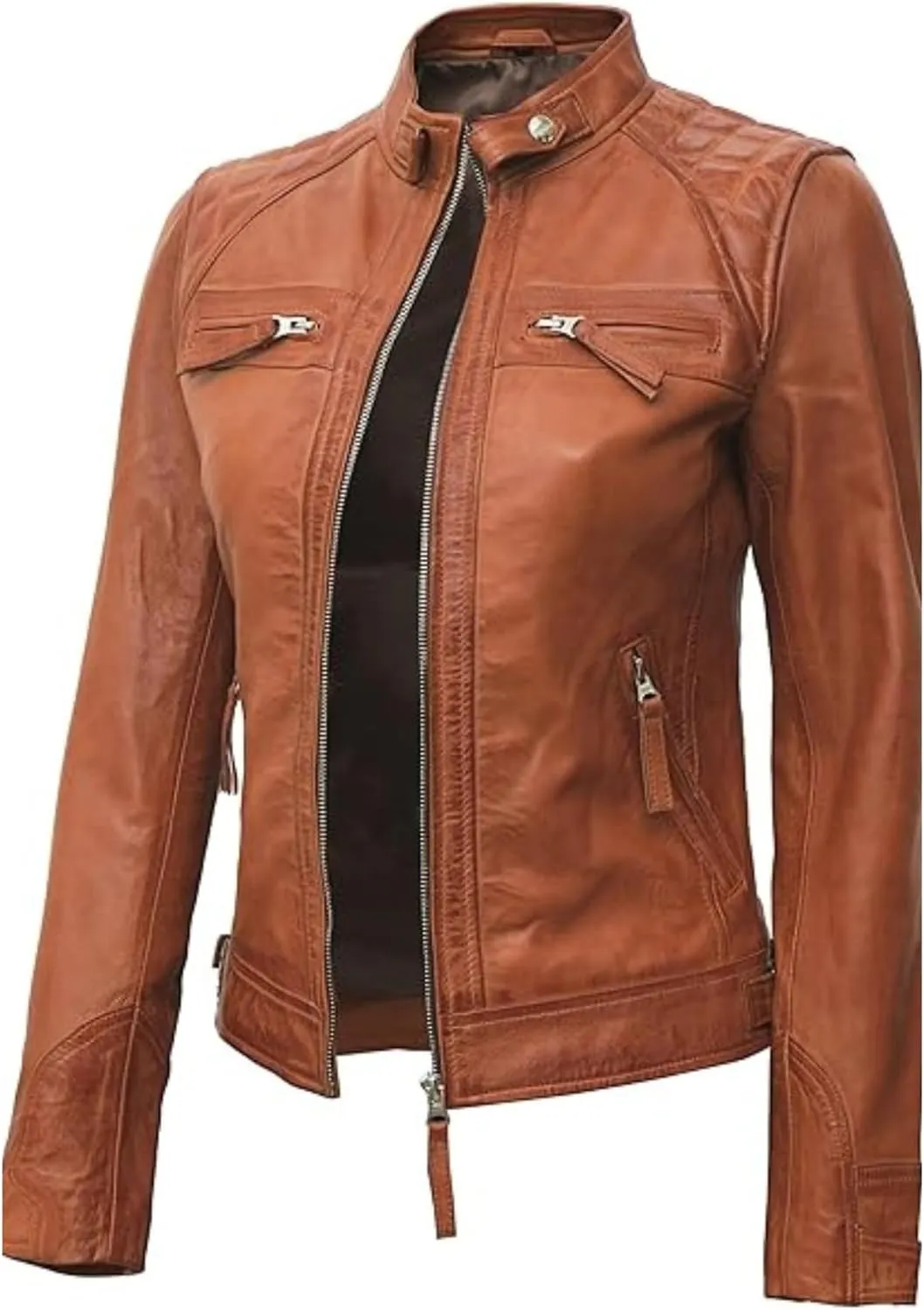 Women's Quilted Biker Leather Jacket  Sleek Caf-Inspired Design