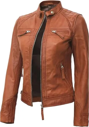 Women's Quilted Biker Leather Jacket  Sleek Caf-Inspired Design