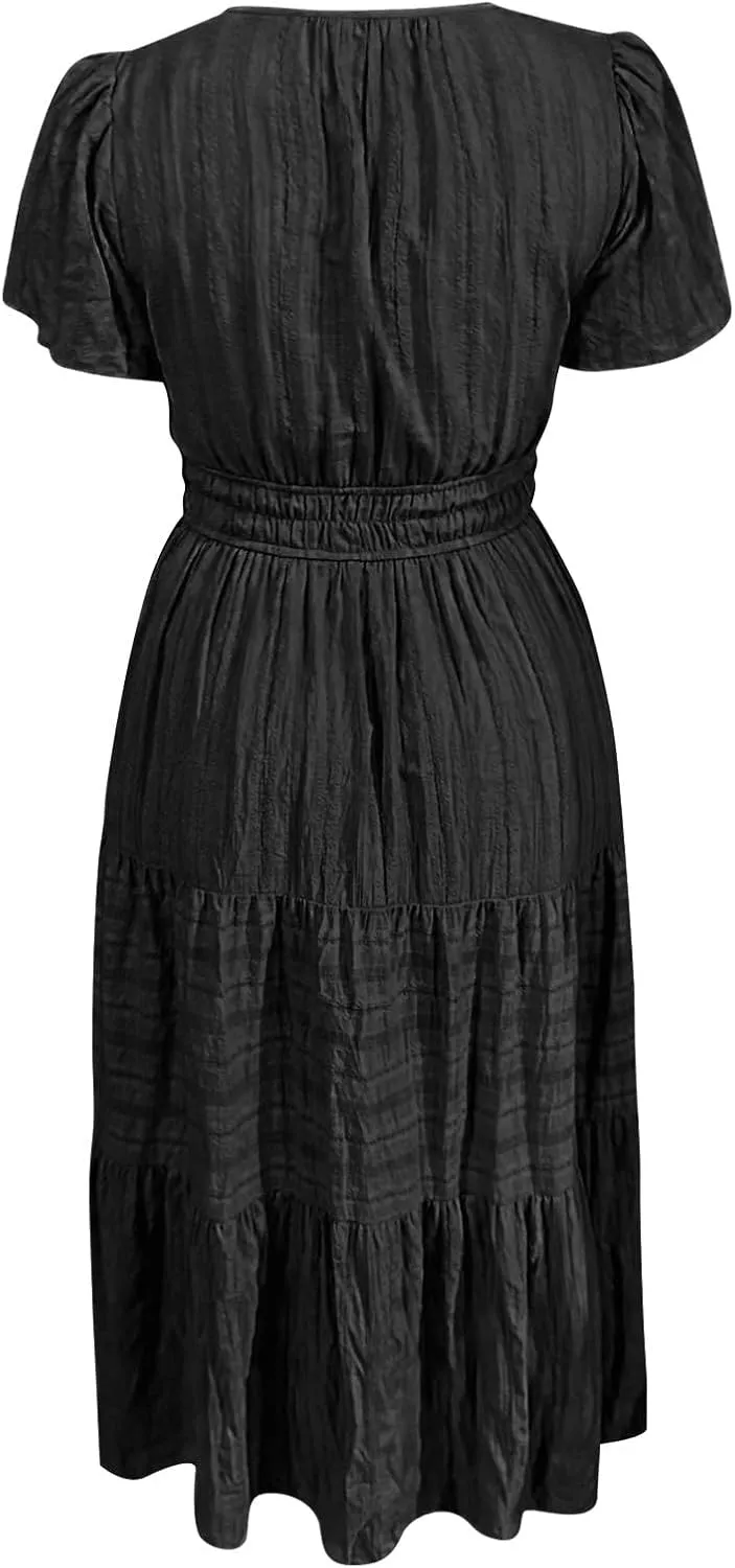 Womens Summer 2025 Casual Midi Maxi Dresses Lightweight Short Sleeve V Neck Elastic Waist Mid Length