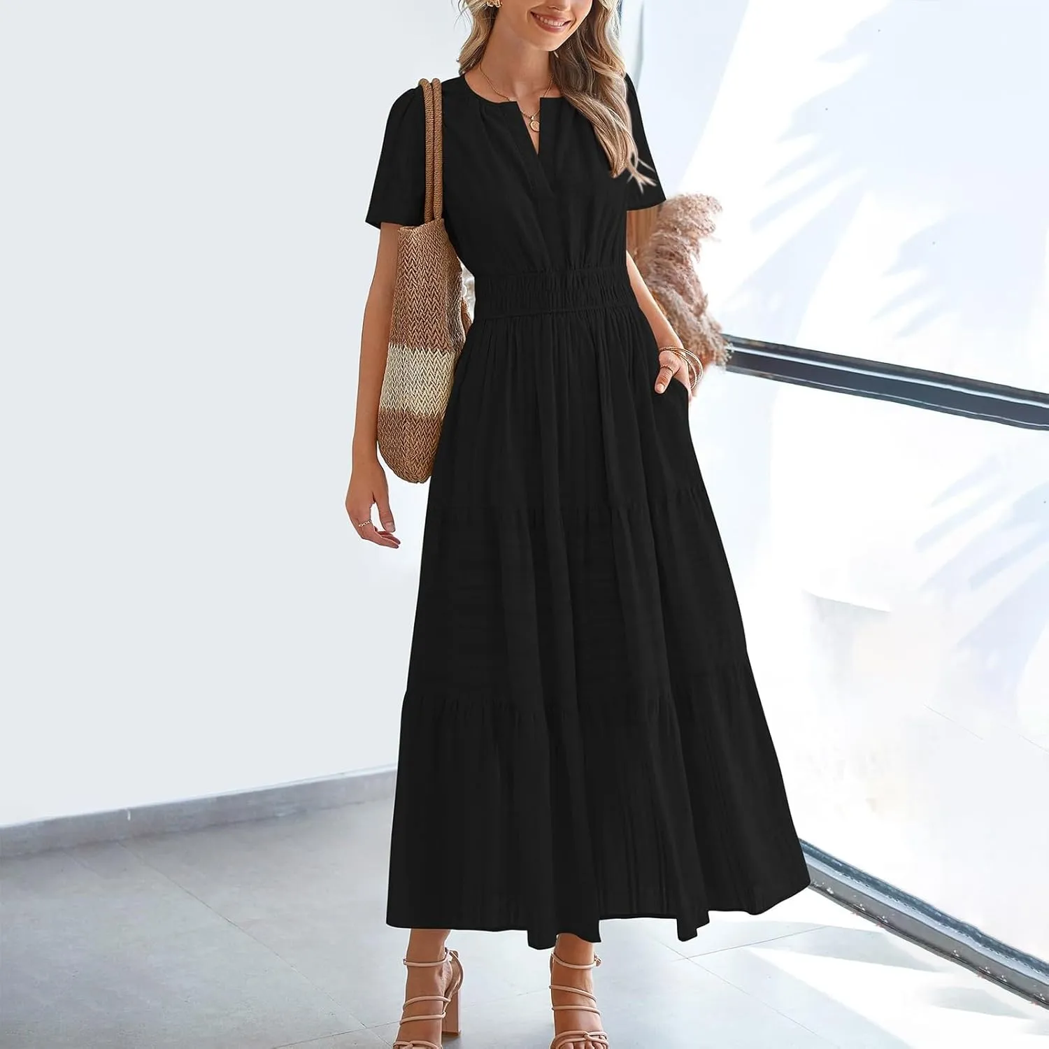 Womens Summer 2025 Casual Midi Maxi Dresses Lightweight Short Sleeve V Neck Elastic Waist Mid Length