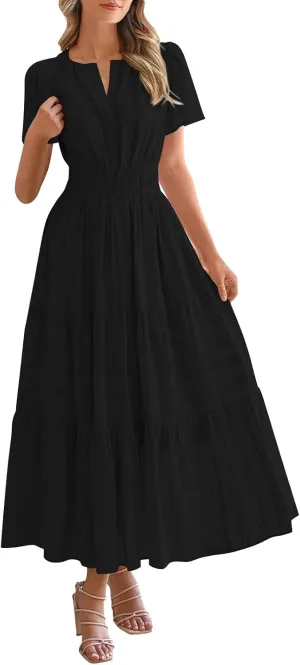 Womens Summer 2025 Casual Midi Maxi Dresses Lightweight Short Sleeve V Neck Elastic Waist Mid Length