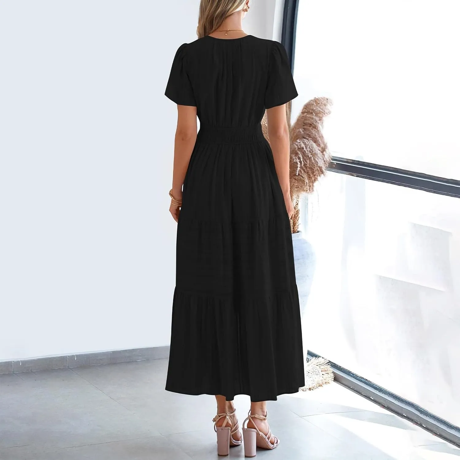 Womens Summer 2025 Casual Midi Maxi Dresses Lightweight Short Sleeve V Neck Elastic Waist Mid Length