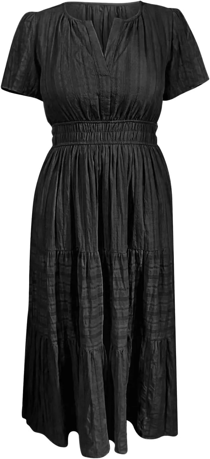 Womens Summer 2025 Casual Midi Maxi Dresses Lightweight Short Sleeve V Neck Elastic Waist Mid Length