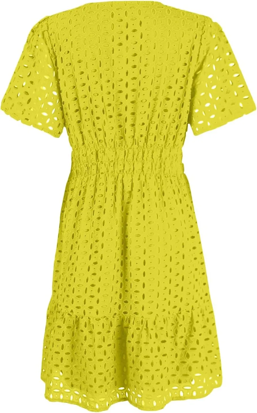 Womens Summer V Neck Short Sleeve Short Dress Casual A Line Hollow Out Lace Ruffle Beach Party Dresses