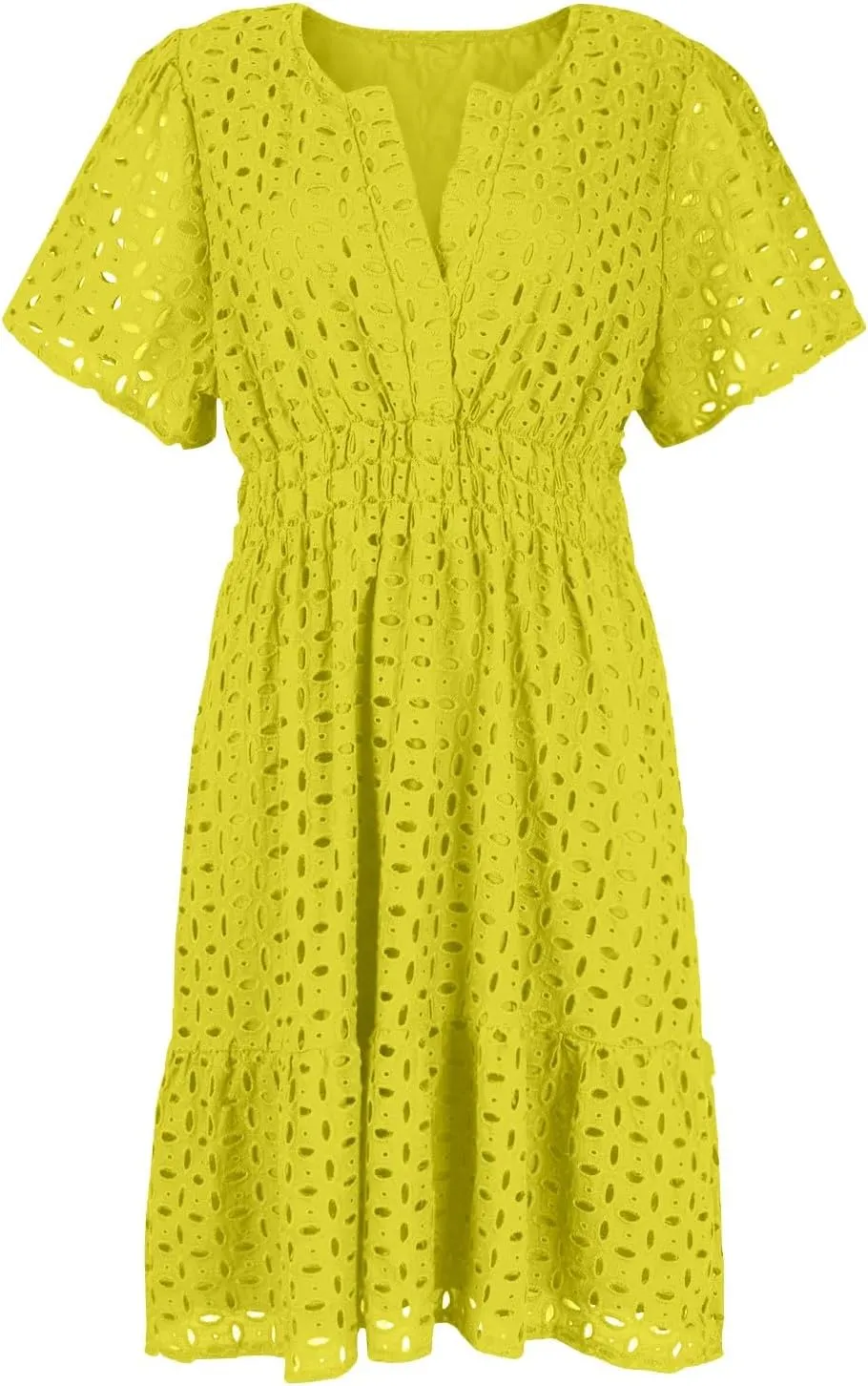 Womens Summer V Neck Short Sleeve Short Dress Casual A Line Hollow Out Lace Ruffle Beach Party Dresses