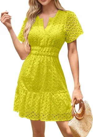 Womens Summer V Neck Short Sleeve Short Dress Casual A Line Hollow Out Lace Ruffle Beach Party Dresses