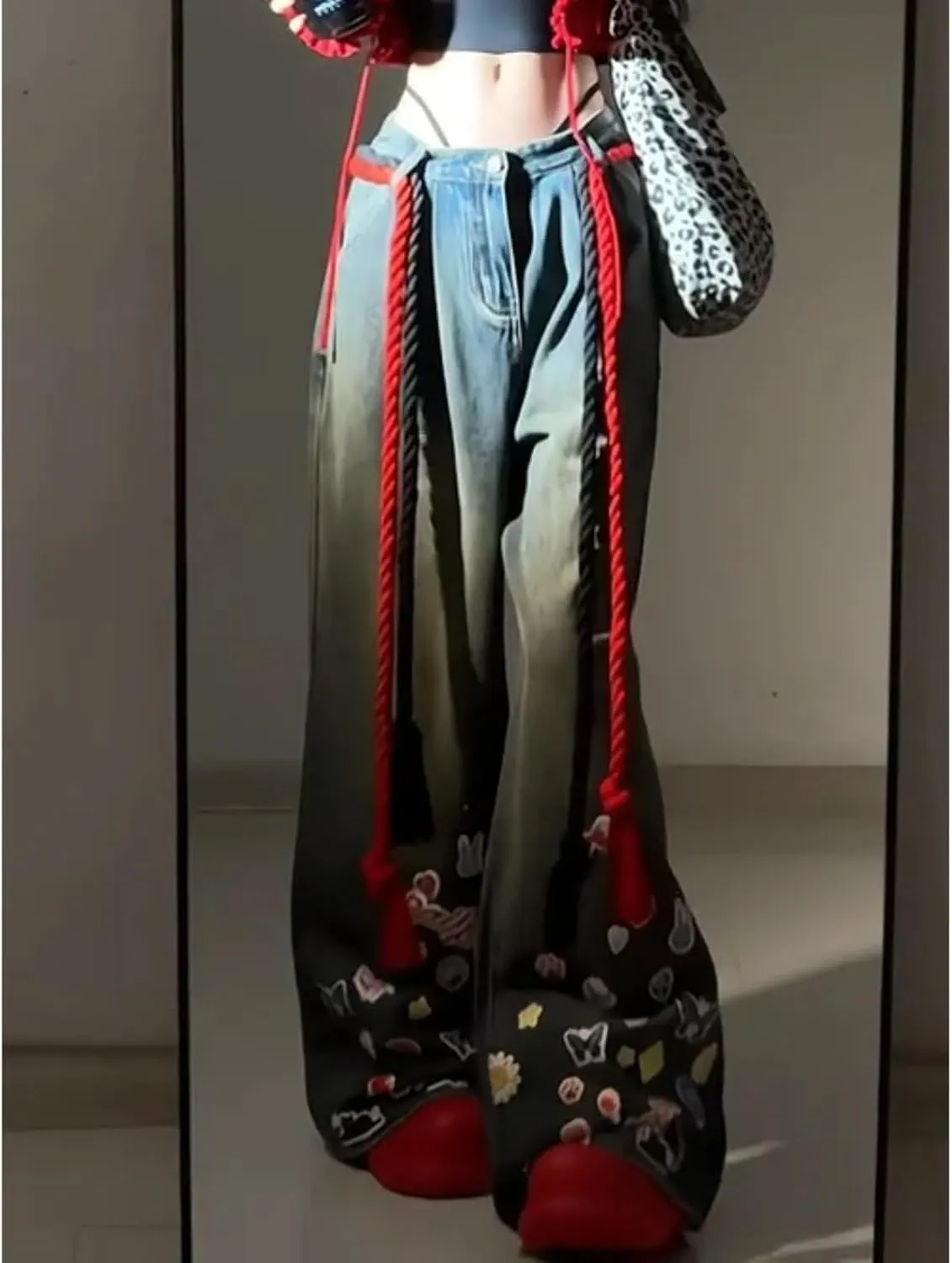 Women's Sweet Y2K Baggy Denim Trouser Washed Vintage Casual Pants High Street Retro High Waist Jeans