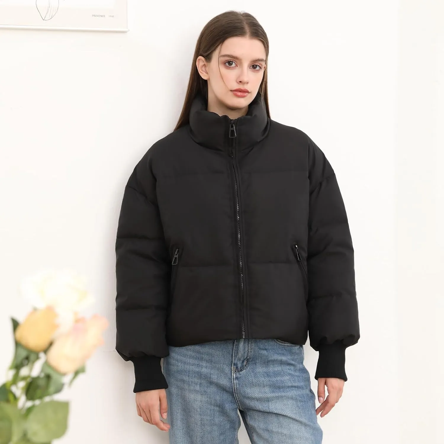 Womens Winter Cropped Puffer Jacket Coat Casual Quilted Baggy Long Sleeve Zip Down Jackets Outerwear